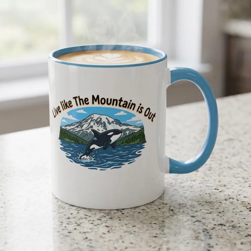 White accent coffee mug with a blue handle showing an orca jumping below Mount Rainier