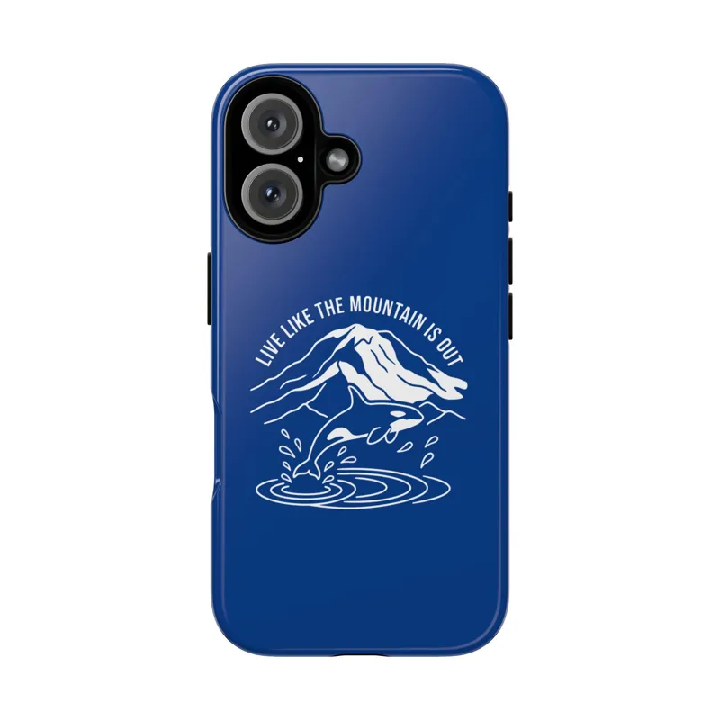 Navy blue phone case with white line art of Mount Rainier and an orca