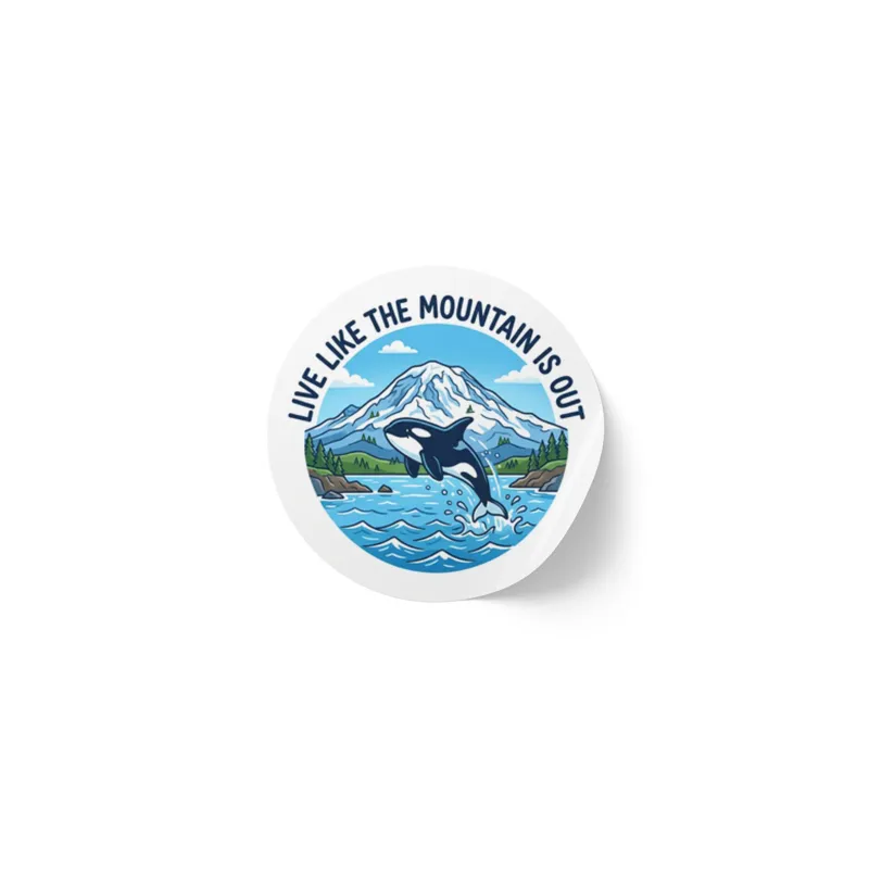 Round sticker reading Live Like the Mountain Is Out with an orca and Mount Rainier