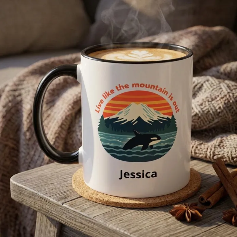 Personalized coffee mug with a retro sunset, Mount Rainier, an orca and a custom name